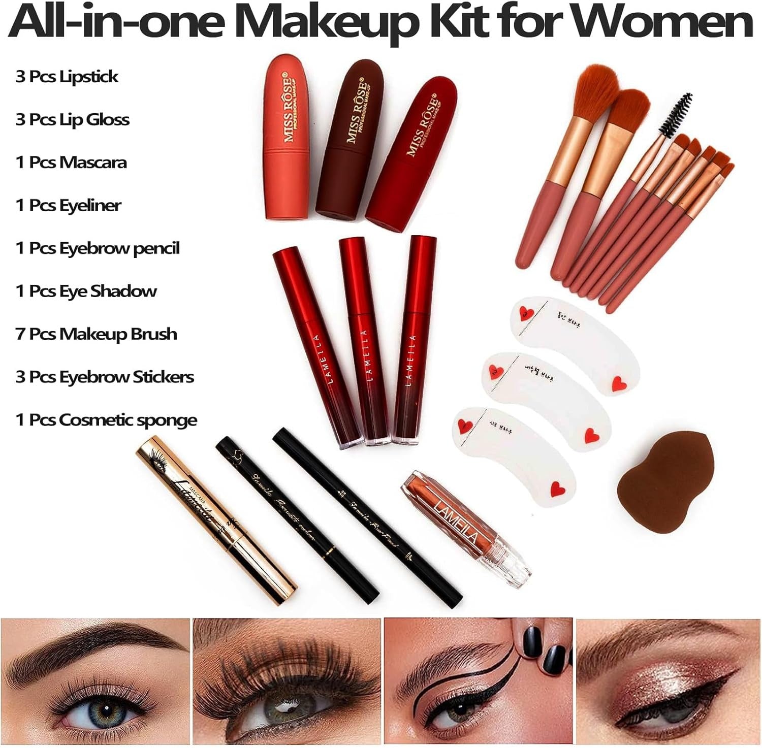 MISS ROSE M 187 Colors Professional Makeup Palette - All-in-One Kit With Eye Shadows, Lipsticks, Mascara, Foundations, Blushes, Brow Pencils, Nail File - Makeup Gift Set for Women and Girls