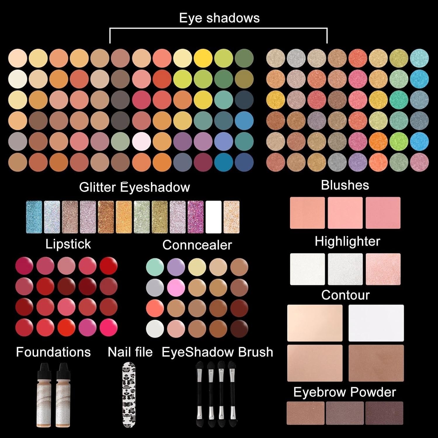 MISS ROSE M 187 Colors Professional Makeup Palette - All-in-One Kit With Eye Shadows, Lipsticks, Mascara, Foundations, Blushes, Brow Pencils, Nail File - Makeup Gift Set for Women and Girls